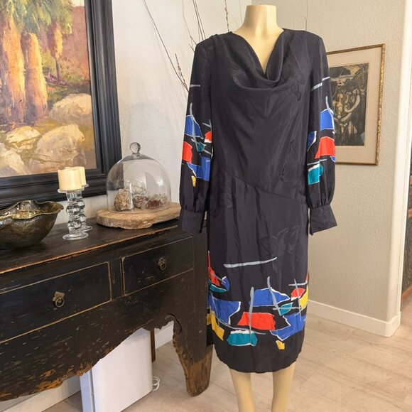WARREN Z Color Block SILK DRESS Long Sleeve below the knee in length - Picture 4 of 5